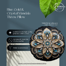 Almofada Redonda Travesseiro redondo de Mandala Azul, Dourado e Cri