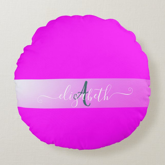 Almofada Redonda Travesseiro redondo de monograma fluorescente rosa (Frente)