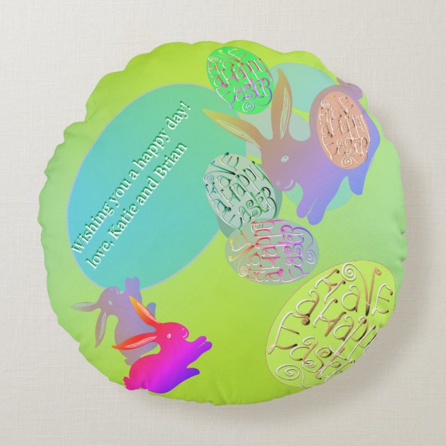 Almofada Redonda Travesseiro redondo de ovos de coelho da Páscoa (Frente)