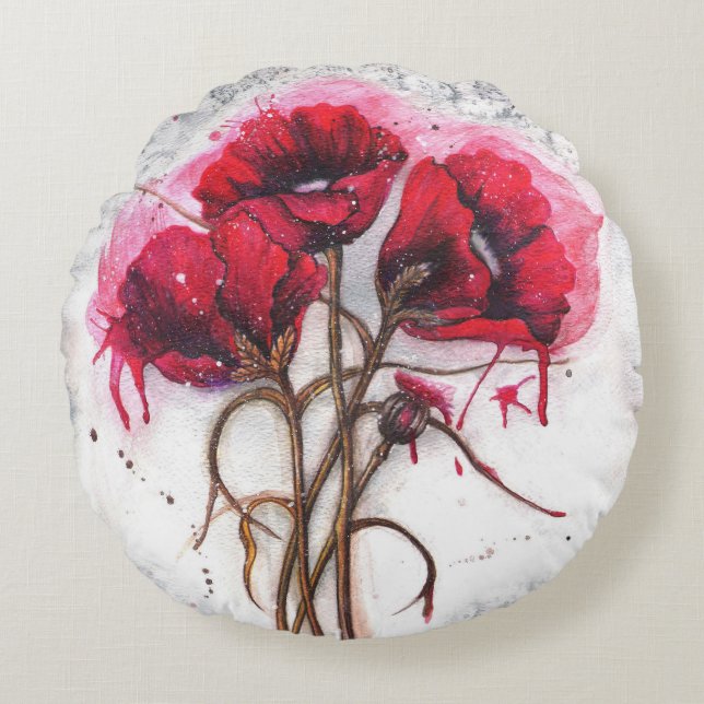 Almofada Redonda Travesseiro Redondo de Poppies Vermelhos (Frente)