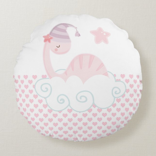 Almofada Redonda Travesseiro Redondo Dinossauro Rosa Dormindo (Frente)