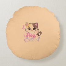 Travesseiro Redondo "Ei, Fofo" com Gato Kawaii Fof