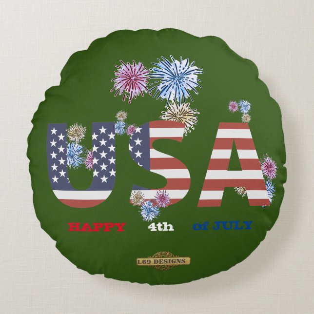 Almofada Redonda travesseiro redondo "FELIZ 4 DE JULHO" (Frente)