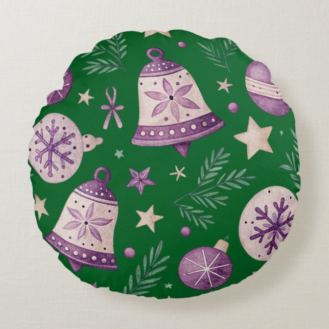 Almofada Redonda Travesseiro redondo festivo com sinos e ornamentos (Frente)