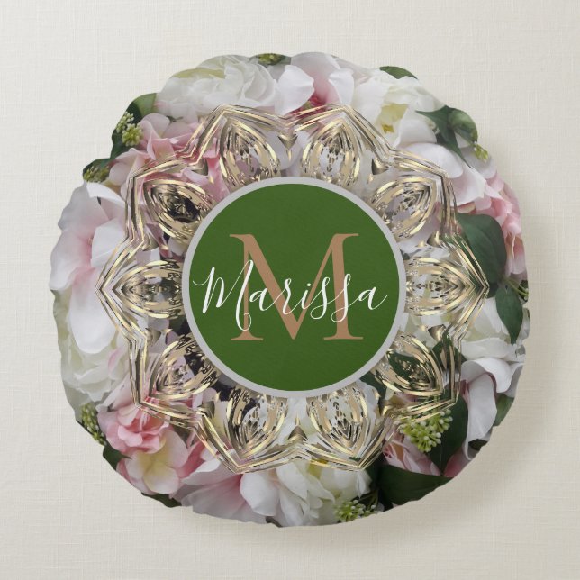 Almofada Redonda Travesseiro redondo Floral Dourado Hexagon Mandala (Frente)