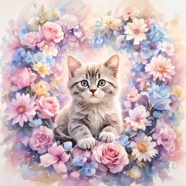 Almofada Redonda Travesseiro Redondo Floral Kitten (Romantic Floral Kitten Round Throw Pillow)