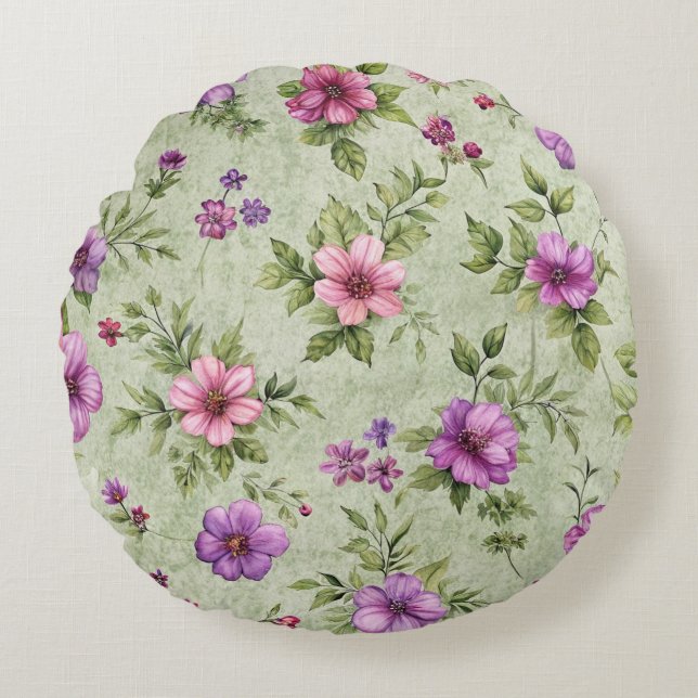 Almofada Redonda "Travesseiro Redondo Floral Romântico por Aquarela (Frente)