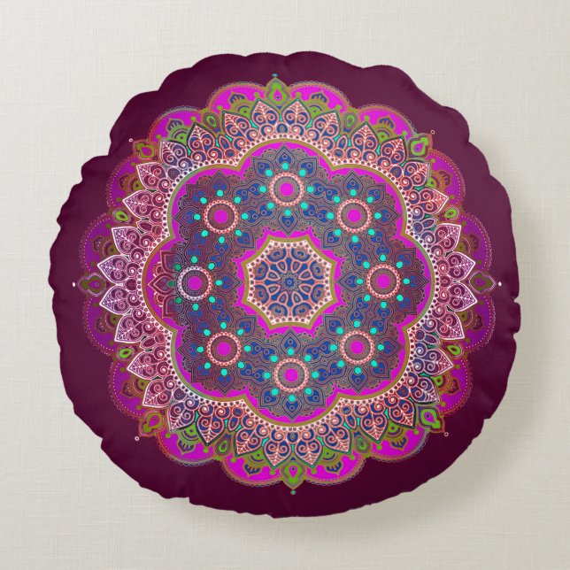 Almofada Redonda Travesseiro redondo Plum Mandala (Frente)