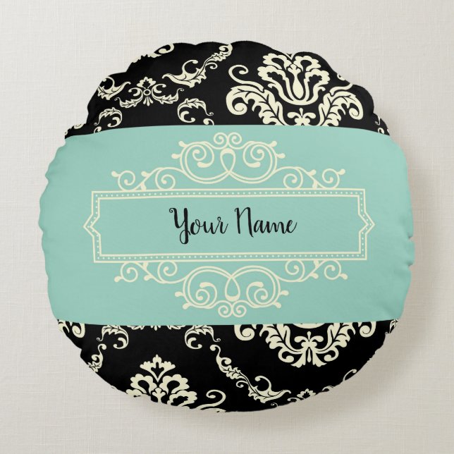 Almofada Redonda Travesseiro redondo preto e verde Damask personali (Frente)