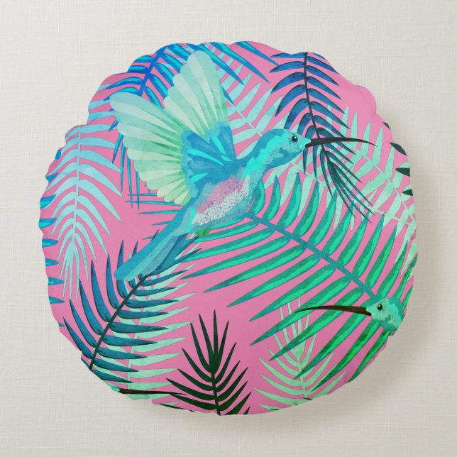Almofada Redonda Travesseiro redondo verde-pássaro tropical e Impre (Frente)