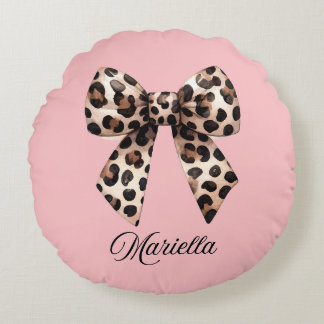 Almofada Redonda Travesseiro Rosa Personalizado com Laço de Leopard
