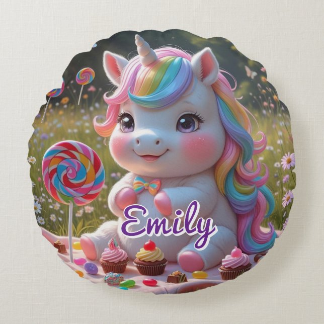 Almofada Redonda Travesseiro Round Candy Unicorn - Nome Editável (Frente)