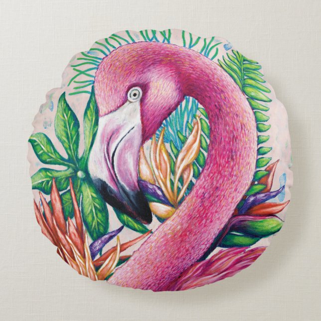 Almofada Redonda Travesseiro Tropical Rosa Flamingo Cute (Frente)