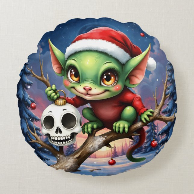 Almofada Redonda Travessuras Alegres – O Pequeno Elfo de Natal. (Frente)