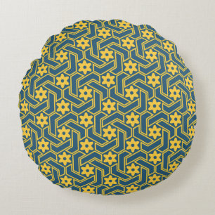 Almofada Redonda Treliça Estelar Marroquina - Padrão Azul e Amarelo