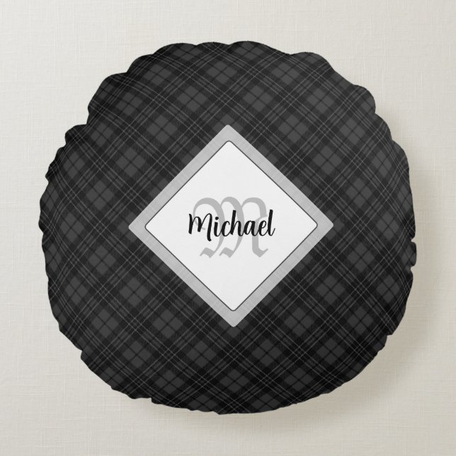 Almofada Redonda Trendy Black White Tartan Personalize Monograma (Frente)