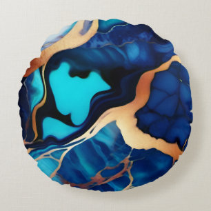 Almofada Redonda Trendy Blue Dourado mármore azul amarelo