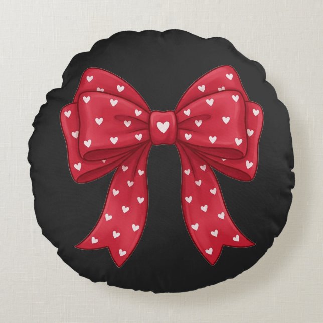 Almofada Redonda Trendy Coquette Red Ribbon Bow with White Hearts (Frente)