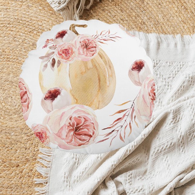 Almofada Redonda Trendy Watercolor Pumpkin & Flowers | outono (Criador carregado)