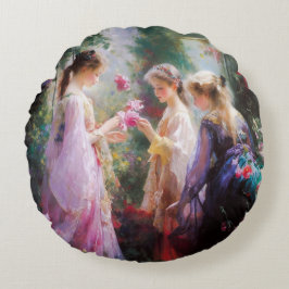 Almofada Redonda Três garotas brincando num jardim