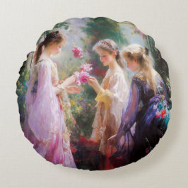 Almofada Redonda Três meninas brincando em um jardim