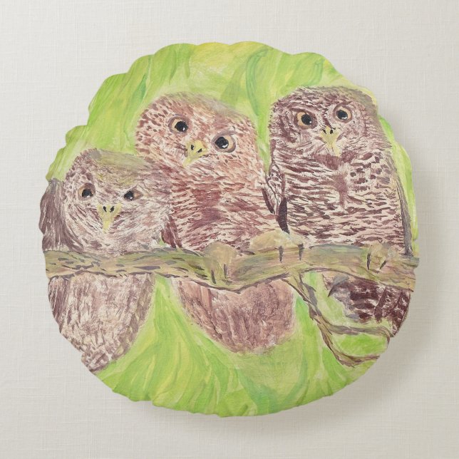 Almofada Redonda Três Pequenas Corujas De Vassoura - pintura acríli (Frente)