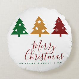 Almofada Redonda Três Pinheiros Flocos de Neve Estrelas Feliz Natal