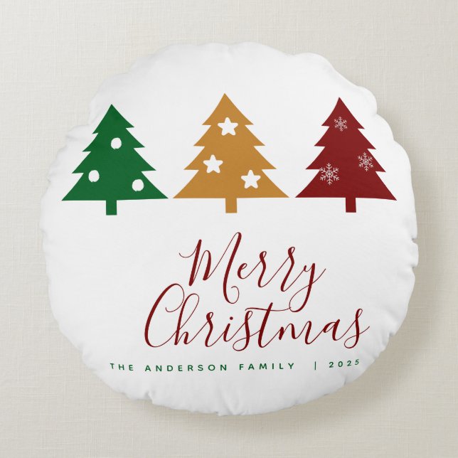 Almofada Redonda Três Pinheiros Flocos de Neve Estrelas Feliz Natal (Frente)