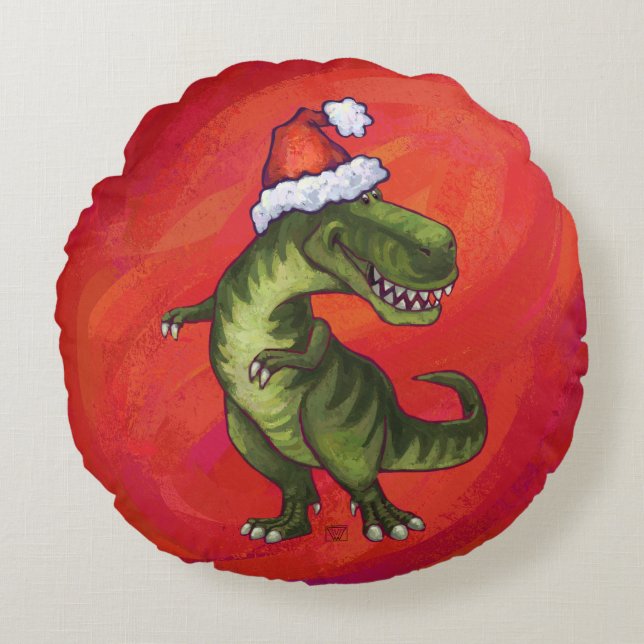 Almofada Redonda TRex Dino em Santa Hat em Vermelho (Frente)