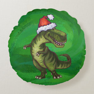 Almofada Redonda TRex em Santa Hat em Verde