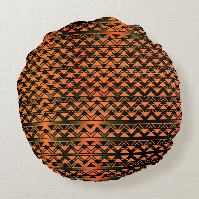 Almofada Redonda Triângulos ZigZag e geométricos em laranja a sépia (Verso)