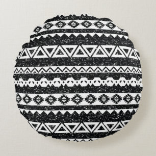 Almofada Redonda Tribal Asteca Brilho Preto Formas Geométricas Bran