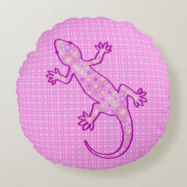 Almofada Redonda Tribal batik Gecko - orquídea e casca rosa (Frente)