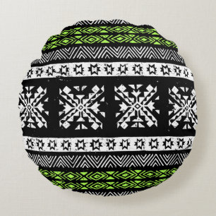 Almofada Redonda Tribal Navajo, padrão verde branco preto.
