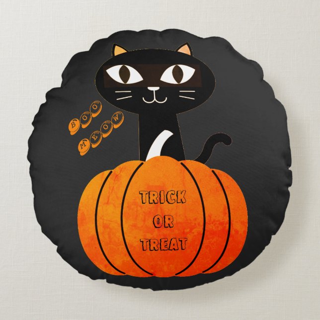 Almofada Redonda Trick ou Tratar Black Laranja Cat Spookie Hallowee (Frente)