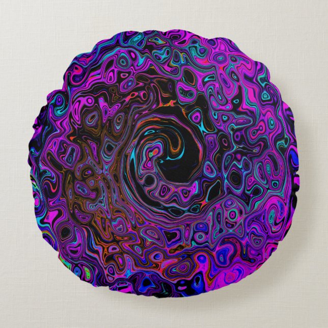 Almofada Redonda Trippy Black and Magenta Retro Liquid Swirl (Frente)