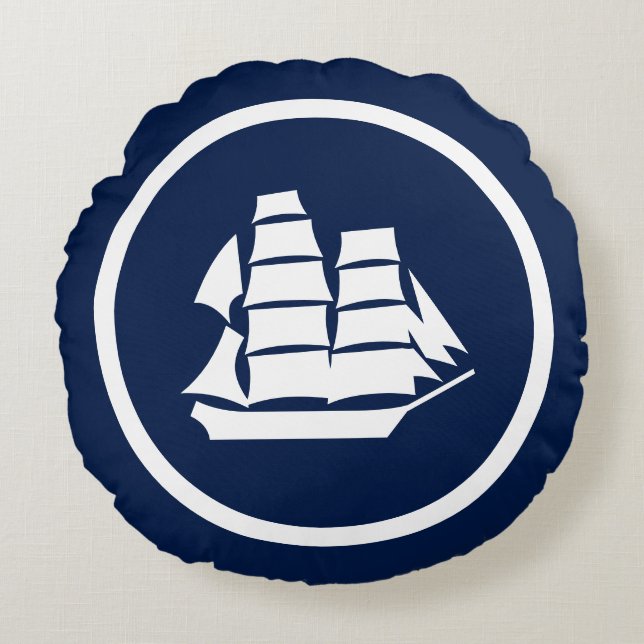 Almofada Redonda Tripulante azul quase Marinho, cavaleiro, náutico (Frente)