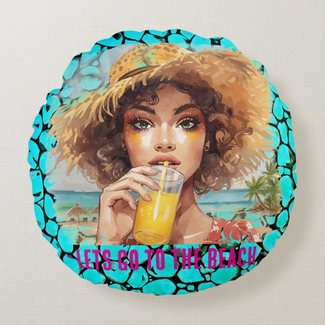 Almofada Redonda Tropical Beach, Lets Go to The Beach, Black Turquo (Frente)