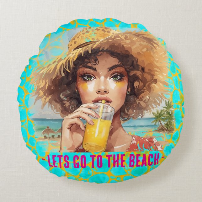 Almofada Redonda Tropical Beach, Lets Go to The Beach,Orange Turquo (Frente)