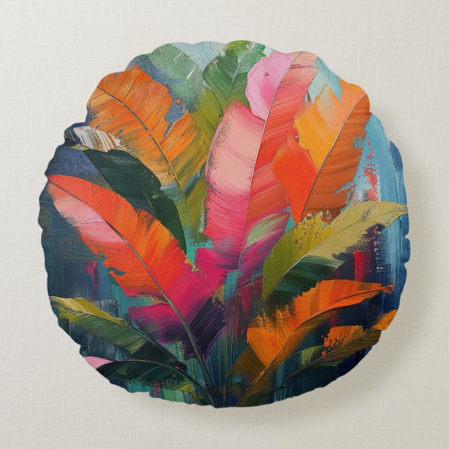 Almofada Redonda Tropical Feathers – Vibrant Botanical Abstraction (Frente)