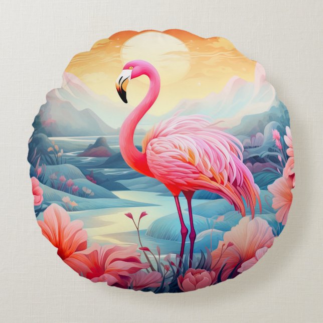 Almofada Redonda Tropical Flamingo com Flores (Frente)