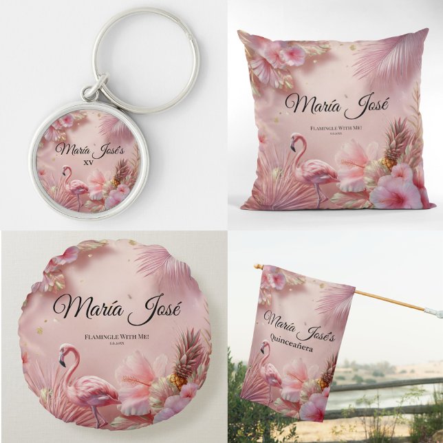 Almofada Redonda Tropical Flamingo Quinceañera, costume (Criador carregado)
