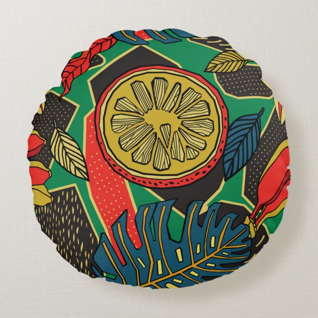 Almofada Redonda Tropical floral pattern in doodle style with fruit (Frente)