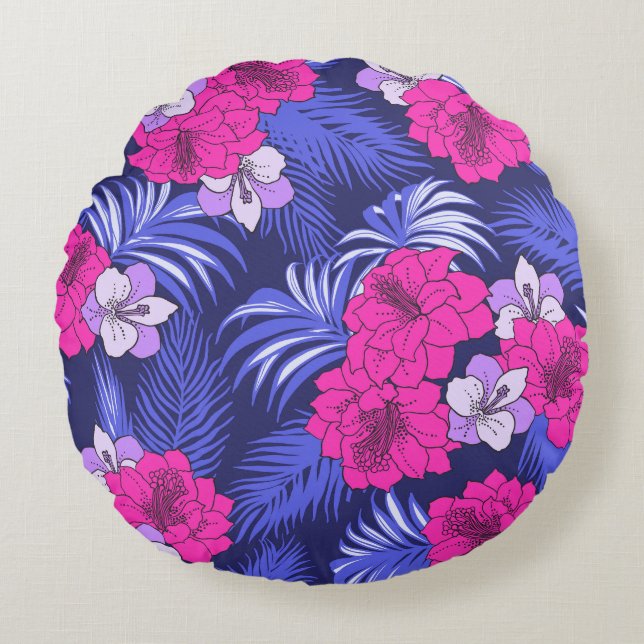 Almofada Redonda Tropical Rosa e Roxo - Um design de hibisco brilha (Frente)