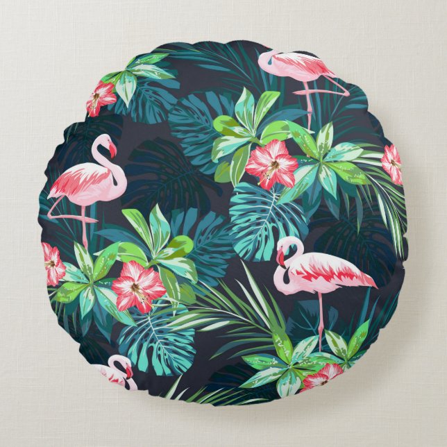 Almofada Redonda Tropical summer seamless pattern with flamingo bir (Frente)