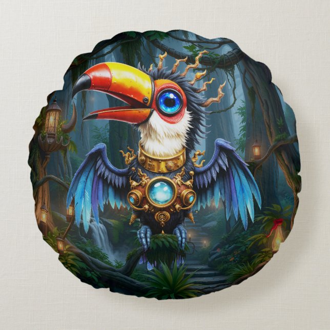 Almofada Redonda Tucano Steampunk ao Luar.  (Frente)