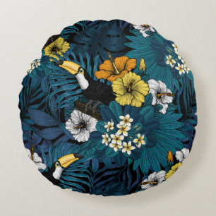 Almofada Redonda Tucanos e flora tropical, azul, amarelo, laranja