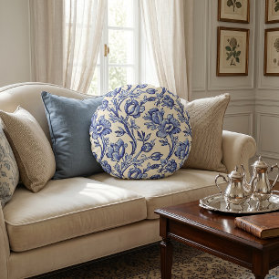 Almofada Redonda Tulipas Toile Azul e Creme Decoração Country Franc