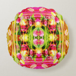 Almofada Redonda TULIPS - Tulipas coloridas da arte fractal -