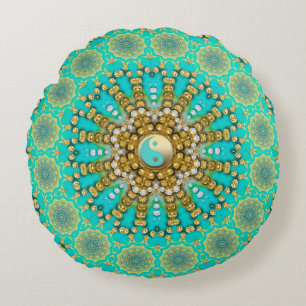 Almofada Redonda Turquesa Água Dourada Yin Yang Mandala Praia